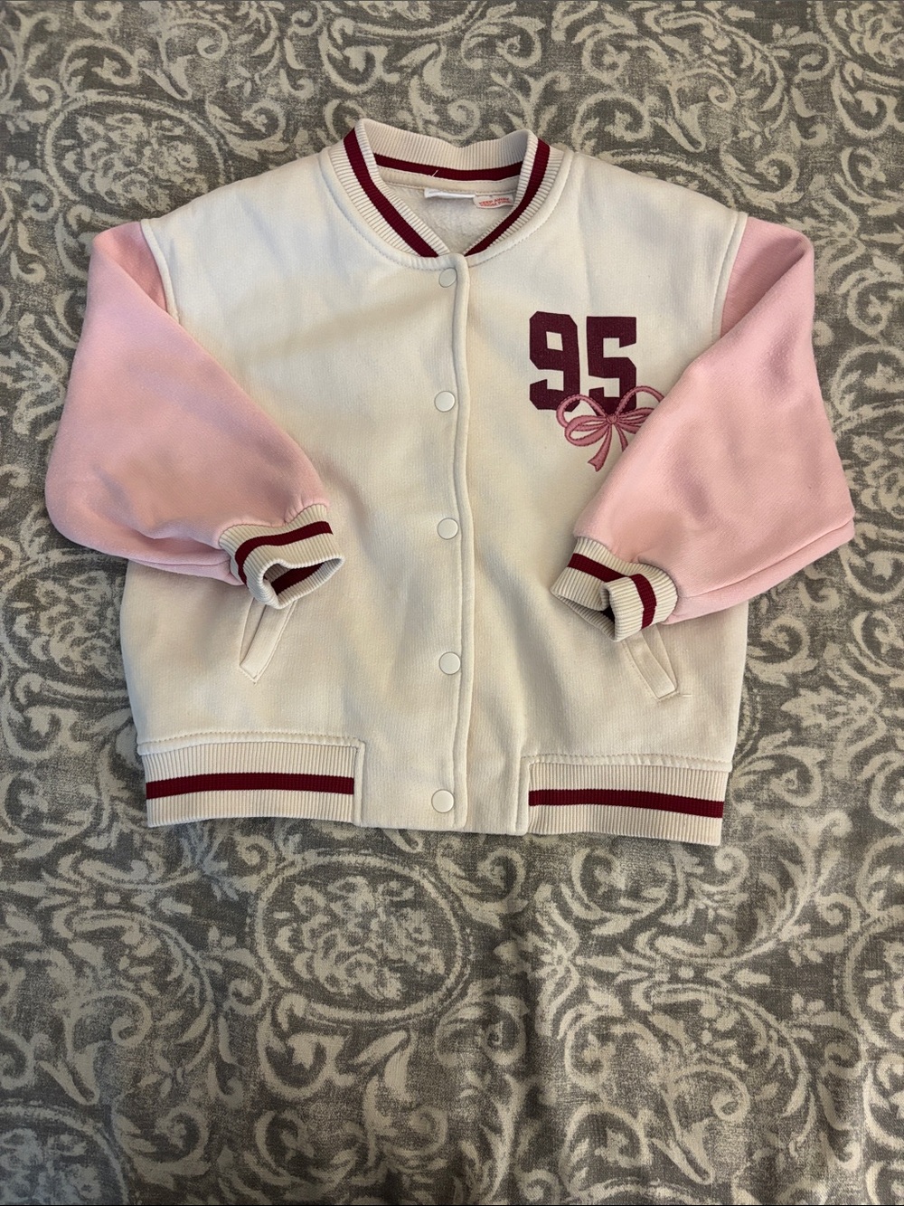 Zara White & Pink '95 Bomber Jacket with Burgundy Trim
